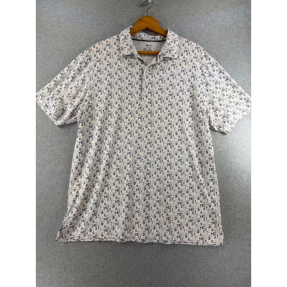 Ahead USA Men’s Golf Polo Shirt BBQ Grill Print White Size Large 3558